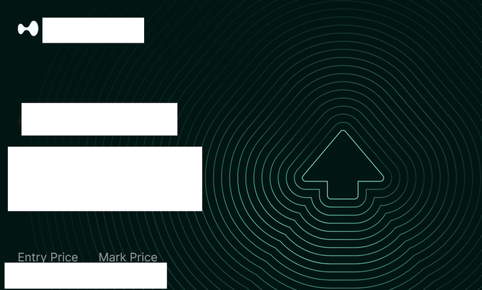 A dark green graphic design with abstract white rectangles, a bowtie icon, an upward-pointing arrow within concentric shapes, and text fields for 'Entry Price' and 'Mark Price'.