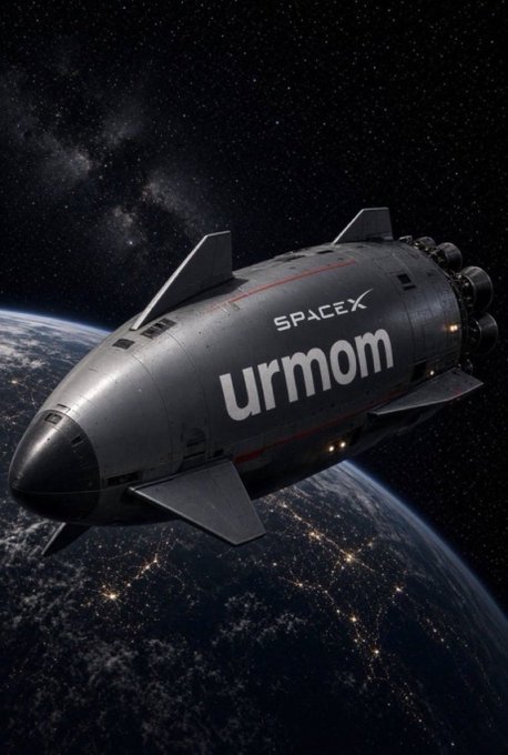 A digital artwork of a SpaceX rocket orbiting Earth with 'SPACEX urmom' written on its side.