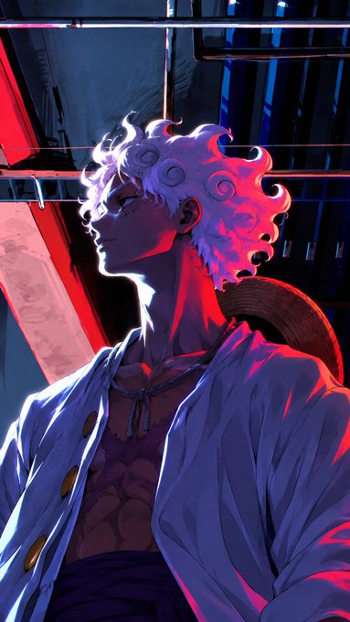 An anime-style illustration of a character with curly white hair and an open blue shirt, lit dramatically with red and blue lighting.