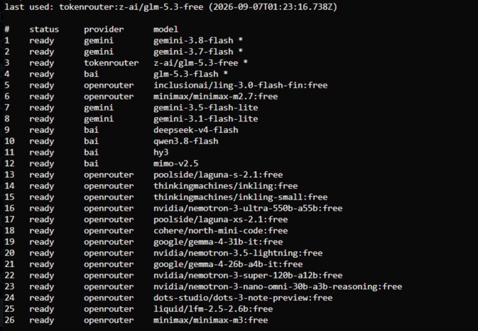 A terminal screen displays a list of ready AI models from providers like gemini, tokenrouter, bai, and openrouter, with the last used model being 'tokenrouter:z-ai/glm-5.3-free'.