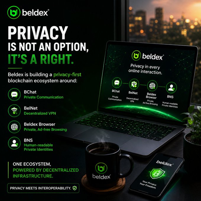 An advertisement for Beldex stating 'PRIVACY IS NOT AN OPTION, IT'S A RIGHT,' highlighting their privacy-first blockchain ecosystem including BChat, BelNet, Beldex Browser, and BNS.