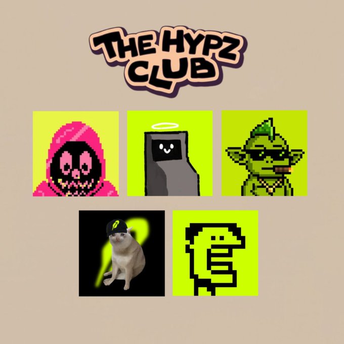 The image displays "THE HYPZ CLUB" logo above five character icons: a pink-hooded skull, a gray figure with a halo, a green goblin with sunglasses, a cat wearing a cap, and a green pixelated creature, which represent the five NFT collections (Rekt Guy, Tradoors, Btc Ordinal, Gremlin Cartel, and Cash Cats) joining the Hypz Club's FCFS phase.