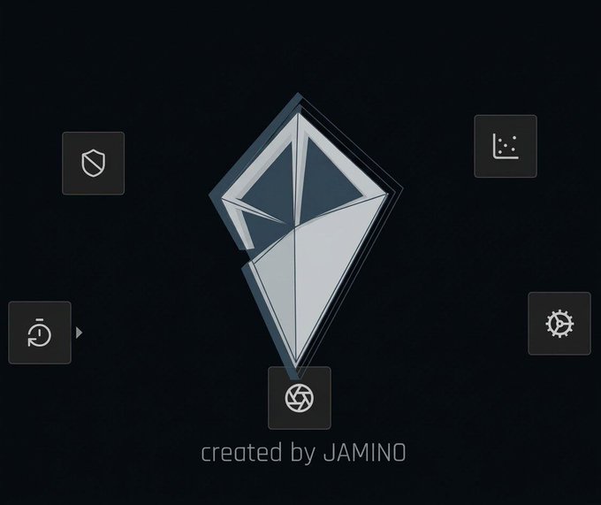 A digital illustration shows a faceted diamond-like Ethereum logo with surrounding UI icons (shield, chart, refresh, settings, globe) and the text "created by JAMINO" on a dark background.