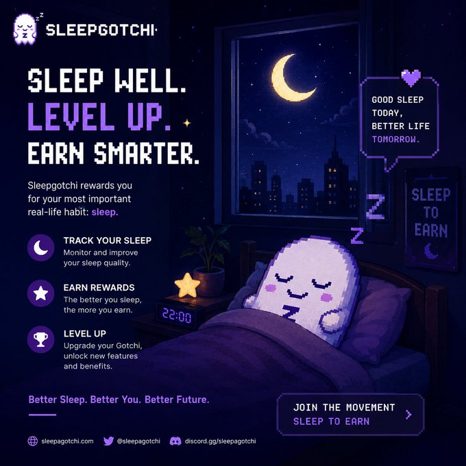 The image features a cartoon character of a white sheep sleeping peacefully in bed, with a city skyline visible through an open window behind him. The text in the image promotes the idea that good sleep can lead to better performance and success, encouraging viewers to prioritize their rest for personal growth and achievement.