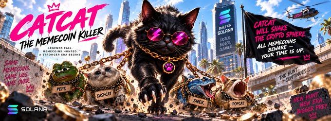 A promotional banner features a black cat wearing pink sunglasses and gold chains, striding forward with chains trailing behind that drag iconic meme coins like PEPE, CASHCAT, SNEK, and POPCAT, while text declares "CATCAT - THE MEMECOIN KILLER" and highlights the project as a "FASTER, BIGGER, CLEANER" alternative on the Solana network. The accompanying post announces the launch of $CATCAT on Solana with its contract address, positioning it as a superior memecoin ready to dominate the crypto sphere.