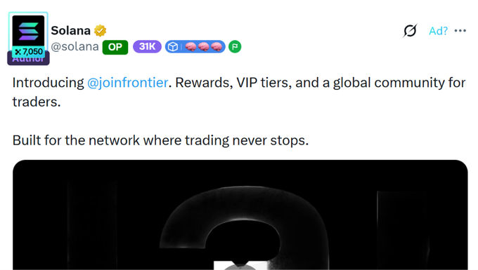 A tweet by Solana (@solana) with 31K views introduces @joinfrontier, advertising "Rewards, VIP tiers, and a global community for traders" built for a network where "trading never stops," aligning with the post's announcement of Frontier Traders profile claims launching.