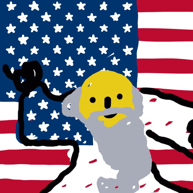 A crude digital drawing of a gray figure with a yellow mask-like face superimposed over an American flag background.