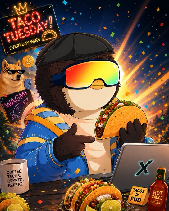 A cartoon penguin mascot in sunglasses holds a taco with neon signs reading 'TACO TUESDAY! EVERYDAY WINS' and 'WAGMI', alongside a laptop with the X logo, a coffee mug stating 'COFFEE. TACOS. CRYPTO. REPEAT.', and hot sauce labeled 'HOT SAUCE FOR HOT TAKES'.