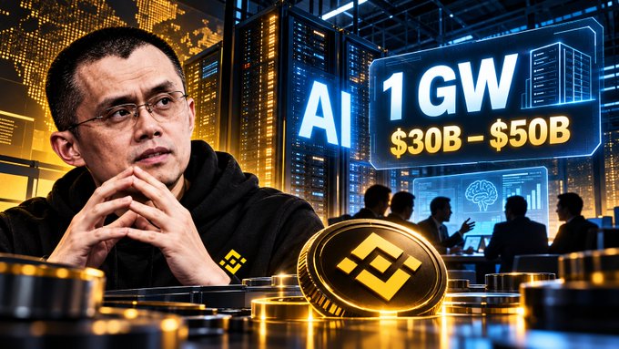 A man in a black hoodie appears beside digital graphics displaying 'AI 1 GW', '$30B - $50B', and a Binance logo against a server room backdrop.