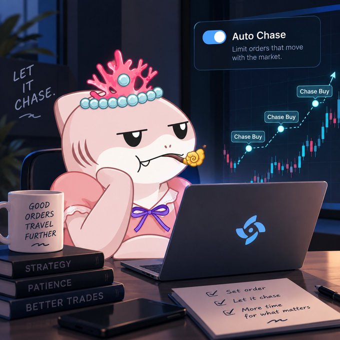An illustration shows a pink shark-like character wearing a coral crown and bow, smoking a pipe while using a laptop displaying 'Auto Chase' with 'Chase Buy' markers on a stock chart.