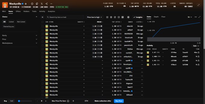 An OpenSea marketplace page for the 'Wackyville' NFT collection, displaying a floor price of 1.82 ETH and listing various Wackyville items for sale.