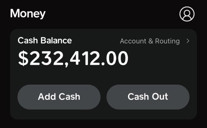 A screenshot of a Money app showing a Cash Balance of $232,412.00 with options to "Add Cash" or "Cash Out," likely used to illustrate the "$1500 cash prize" winnings offered in the accompanying number-picking contest post.