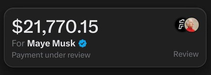 A digital payment notification showing '$21,770.15 For Maye Musk' with a verified checkmark and 'Payment under review' status.