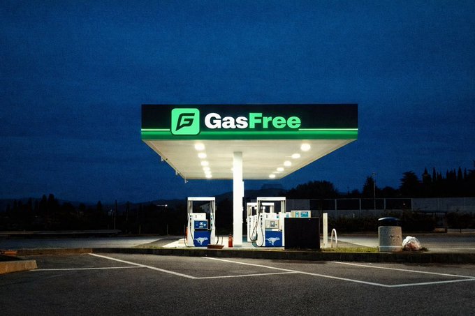 A nighttime photograph of a 'GasFree' gas station with a glowing green illuminated sign featuring a leaf logo, set against a dark blue sky.