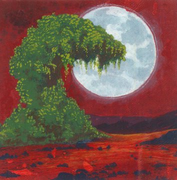 A surreal painting depicting a large white moon behind a green tree-like figure with hanging foliage, set against a deep red sky and reddish-orange ground.
