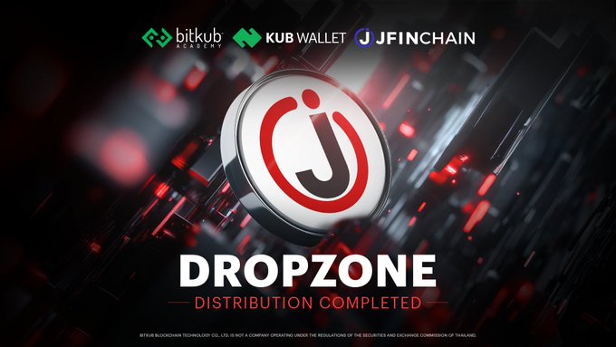A promotional graphic featuring logos for Bitkub Blockchain, Kub Wallet, and JFINCHAIN, displaying a large 'j' coin emblem with the text 'DROPZONE - DISTRIBUTION COMPLETED' on a red and black tech-themed background.