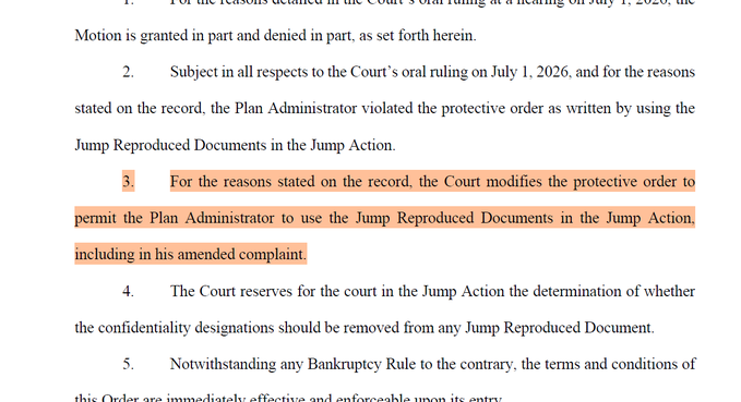 A court order ruling that modifies a protective order to allow the Plan Administrator to use Jump Reproduced Documents, including in an amended complaint, in a legal action between Terraform Labs and Jump.