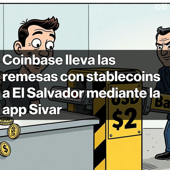A cartoon-style image of two men at a security checkpoint with Spanish text overlay stating 'Coinbase lleva las remesas con stablecoins a El Salvador mediante la app Sivar'.
