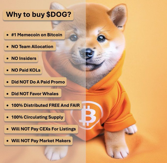 A promotional graphic featuring a Shiba Inu puppy wearing an orange hoodie, titled 'Why to buy $DOG?' with bullet points listing its features like '#1 Memecoin on Bitcoin' and '100% Distributed FREE And FAIR'.
