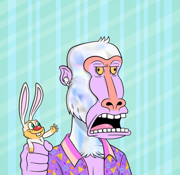A cartoon illustration of a grumpy-looking white and purple monkey wearing a colorful patterned shirt, holding a small white bunny hand puppet against a striped teal background.