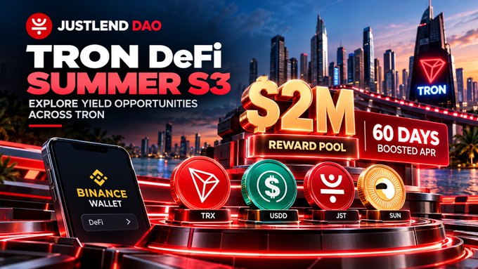 A promotional banner for 'JUSTLEND DAO' advertising 'TRON DeFi SUMMER S3' featuring a $2M reward pool, 60 days boosted APR, with Binance Wallet, TRX, USDD, JST, and SUN cryptocurrency logos against a city skyline background.
