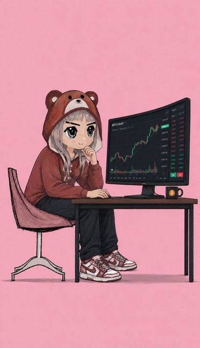 An anime-style chibi character wearing a bear hoodie sits at a desk analyzing a candlestick chart on a curved monitor showing an upward BTC price trend, visually representing the trader's bullish outlook with targets at 66K and 70K before an anticipated correction to 40K.