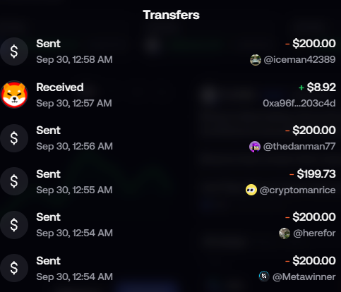 A "Transfers" screen displays a series of crypto transactions on September 30, including multiple $200.00 "Sent" transfers to users like @Iceman42389, @thedanman77, @cryptomanrice, @herefor, and @Metawinner, along with one $8.92 "Received" payment. The transactions align with the post's claim of giving away $1,000 to random users, showing evidence of $1,000 in outgoing transfers within a few minutes.