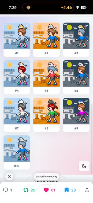 A mobile screenshot displaying a grid of ten pixel-art character thumbnails (#1-#10) from the parabell.community collection, featuring various animated figures against different backgrounds.