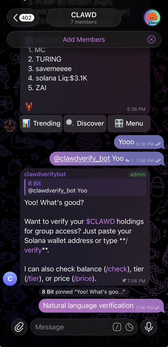 A screenshot of a Telegram chat with 'CLAWD' group, showing a list of members including 'MC', 'TURING', 'savemeeee', 'solana Liq:$3.1K', and 'ZAI', along with messages from a 'clawdverify_bot'.