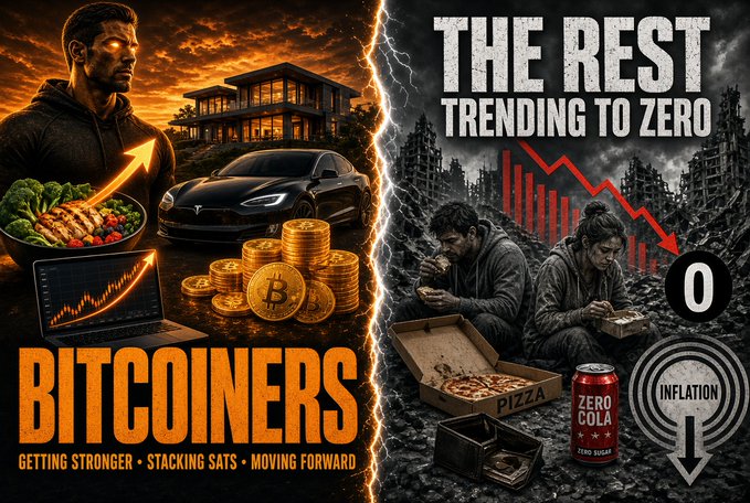 A split-screen meme contrasting 'BITCOINERS' (left, showing prosperity with coins, a car, a house, and food) with 'THE REST TRENDING TO ZERO' (right, showing people in despair eating pizza and drinking 'Zero Cola' amid inflation and declining charts).
