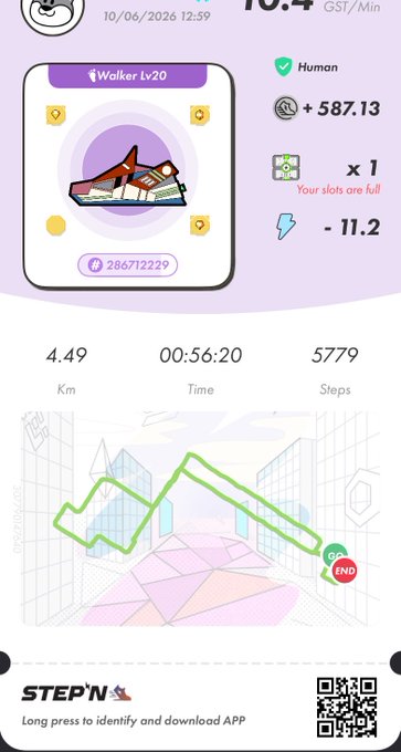 The image shows a phone screen displaying a fitness tracking app called "StepN" with a map of a city displayed, along with a list of steps taken during a workout session. The app also provides information about the user's progress and offers an option for a long press to identify and download the app.