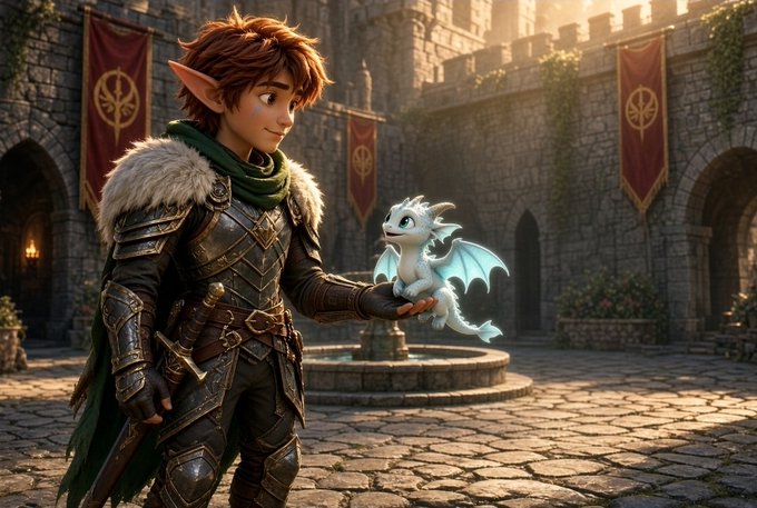 A young elf warrior in fur-trimmed armor stands in a sunlit medieval courtyard, gently cradling a small white and blue baby dragon in his hand, with red banners bearing circular emblems adorning the stone walls behind him. The scene visually captures the post's narrative of a personal meeting with "Whisp," the Pocket Dragons ghost dragon, suggesting a charming potential crossover with Splinterlands' Praetoria setting.