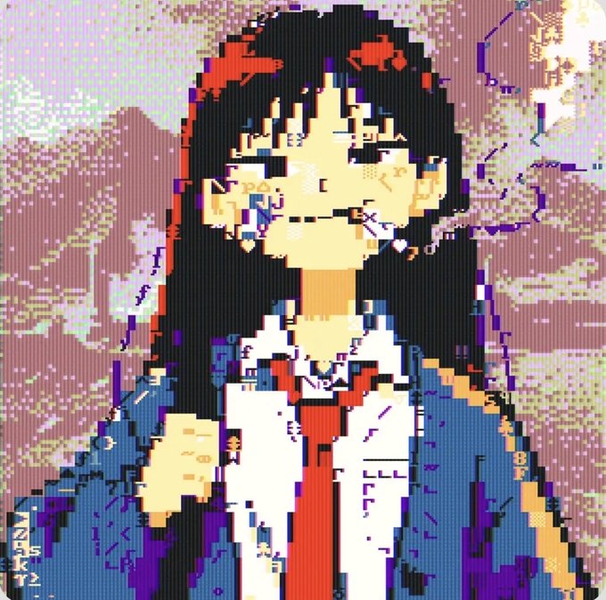 A pixelated, glitch-art style portrait of a girl with long black hair wearing a school uniform with a red tie and blue jacket, with a distorted, colorful background.
