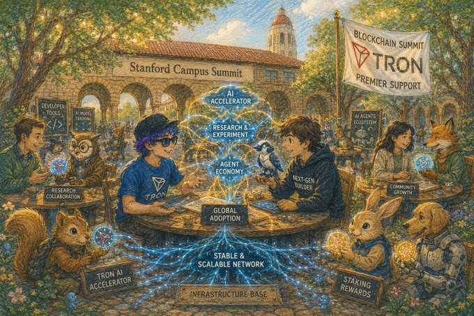 An illustrated scene from the Stanford Campus Summit for TRON, featuring a character representing the TRON AI Accelerator and blockchain concepts like Research Collaboration and Staking Rewards.