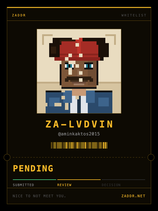 A pixel art digital ID card for "ZA-LVDVIN" (@aminkaktos2015) displays a pixelated man with a red bandana and mustache on a dark brown background, indicating a "PENDING" status at the "REVIEW" stage on the ZADDR platform.