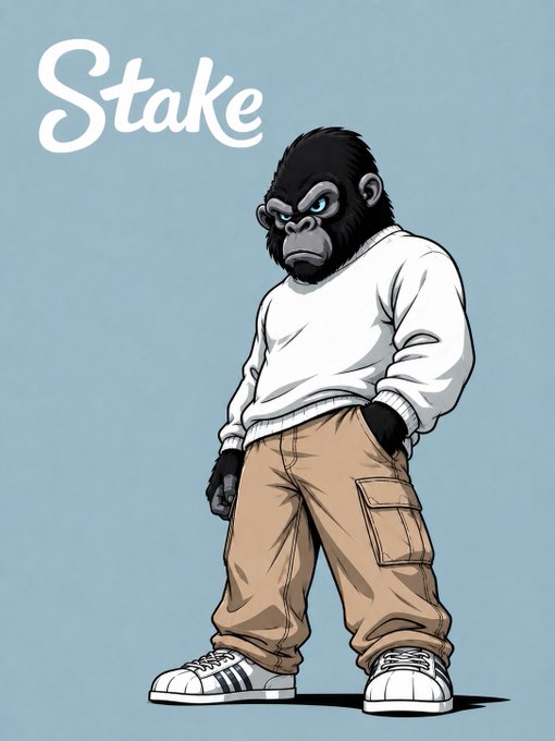 A cartoon gorilla wearing a white sweater, khaki cargo pants, and Adidas sneakers stands confidently with the "Stake" logo in the upper left corner, matching the promotional post for a live streaming giveaway.
