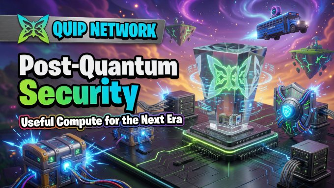 The image features a poster for Quip Network's Post Quantum Security service. It showcases a futuristic cityscape with various elements such as buildings, vehicles, and people. The main focus of the poster is a large glass cube that appears to be a computer chip or a supercomputer. This central object symbolizes the essence of the post-quantum security concept.

The text on the poster highlights the importance of using a powerful computing infrastructure for the next era in terms of security and privacy, as well as the need for real workloads during the pre-mainnet phase to generate these systems effectively. The image also includes a logo that reads "Quip Network" and "Post Quantum Security", indicating the company's name and service offering.