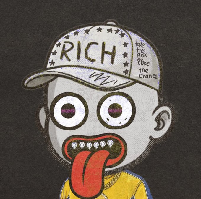 A cartoon-style illustration of a character wearing a 'RICH' cap with 'take the risk or lose the chance' text, big googly eyes with 'HIGHER' and 'HIGHER' written in the pupils, and grills with a long red tongue.