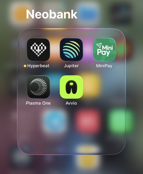 An iOS App Library folder labeled 'Neobank' containing five apps: Hyperbeat, Jupiter, MiniPay, Plasma One, and Avvio.