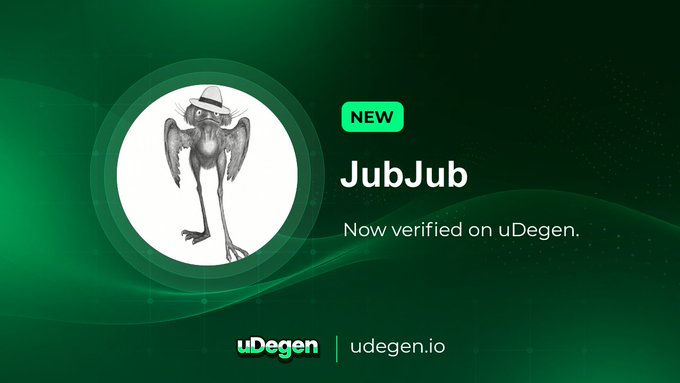 A promotional graphic on a dark green background featuring a black-and-white illustration of a JubJub bird creature wearing a hat, with text stating 'NEW JubJub - Now verified on uDegen. uDegen | udegen.io'.
