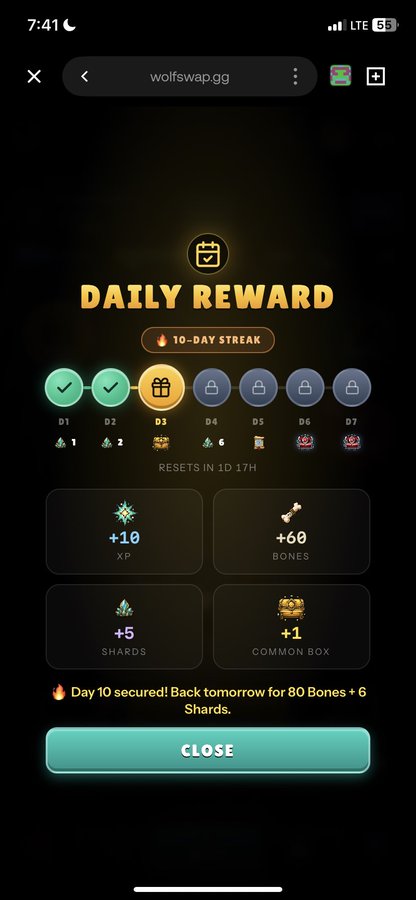 A mobile screenshot of the wolfswap.gg website displaying a "DAILY REWARD" screen with a 10-day streak tracker, showing rewards including +10 XP, +60 Bones, +5 Shards, and +1 Common Box, with a close button at the bottom.