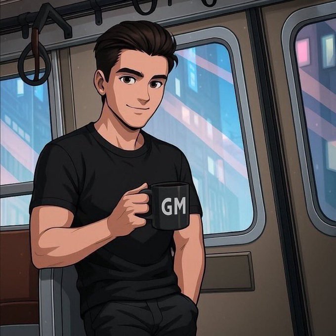An illustrated cartoon of a young man in a black t-shirt holding a mug labeled 'GM' while standing on a train with city views through the windows.