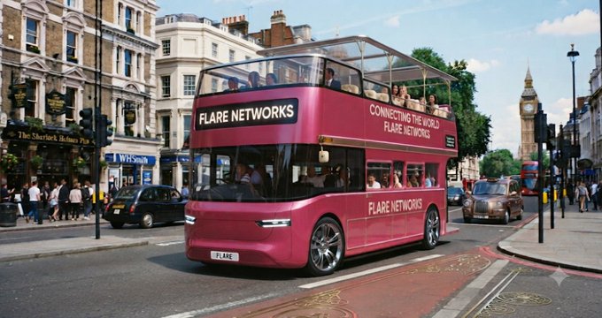 A pink double-decker bus branded 'FLARE NETWORKS - CONNECTING THE WORLD' drives down a London street with Big Ben visible in the background.