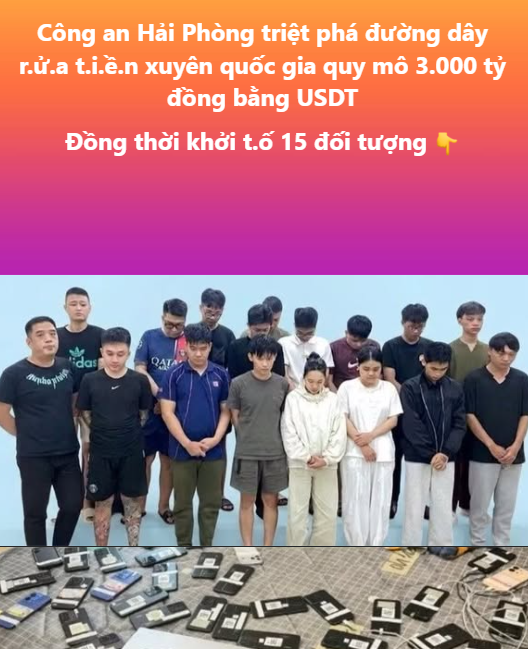 A Vietnamese news graphic announces that Hai Phong police dismantled a 3,000 billion VND (~$120 million USDT) transnational money laundering ring, arresting 15 suspects. The image shows the detained individuals lined up with confiscated phones, devices, and cables—visually reinforcing the case's massive scale that left the original poster struggling to understand how such operations actually function.