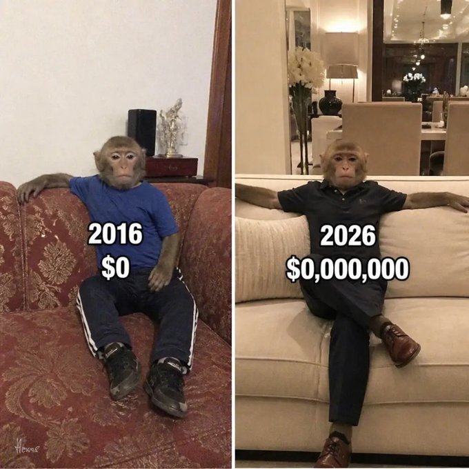 A meme showing the same monkey in two photos: in 2016 sitting on an old couch wearing a blue shirt with $0, and in 2026 lounging on a luxurious white sofa in an upscale home with $0,000,000, humorously suggesting zero returns on investment.