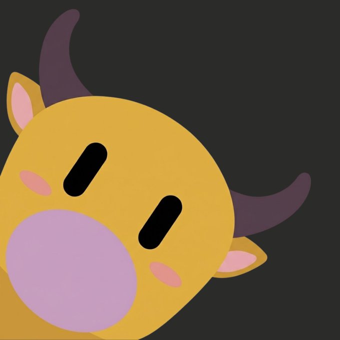 Close-up illustration of a cute yellow cartoon creature with horns, pink cheeks, and a purple snout set against a black background.