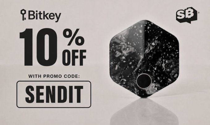 A promotional banner for Bitkey offering 10% off with promo code 'SENDIT', featuring an SB logo and a black hexagonal device with a marbled texture.