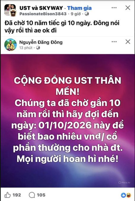 A Facebook post in Vietnamese by 'UST và SKYWAY' community member PassionateBilson3843 and Nguyen Dang Dong announces a meetup on 10/01/2026 for the 'UST thân mến' (Beloved UST) community after nearly 10 years, promising gifts, with 192 likes and 105 comments, marked with a Meta AI label and 'REJECTED' stamp.