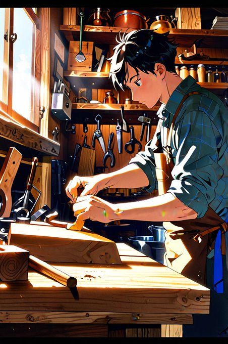 An anime-style illustration of a young craftsman with dark hair working with wood in a sunlit workshop filled with tools.