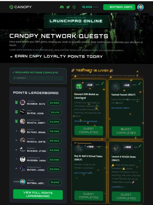 In this screenshot of a website's landing page, there are various elements designed to help users find information about the game. The main focus is on a green banner that displays the title "CNPY Network Quests" along with text that reads "run me testnet for months now". Below this banner, you can see a list of different tests available in the game called "tested every week". There's also another list containing names and scores related to these games. The website appears to be designed as an online community hub where players can learn about new games or connect with others who share their interests.